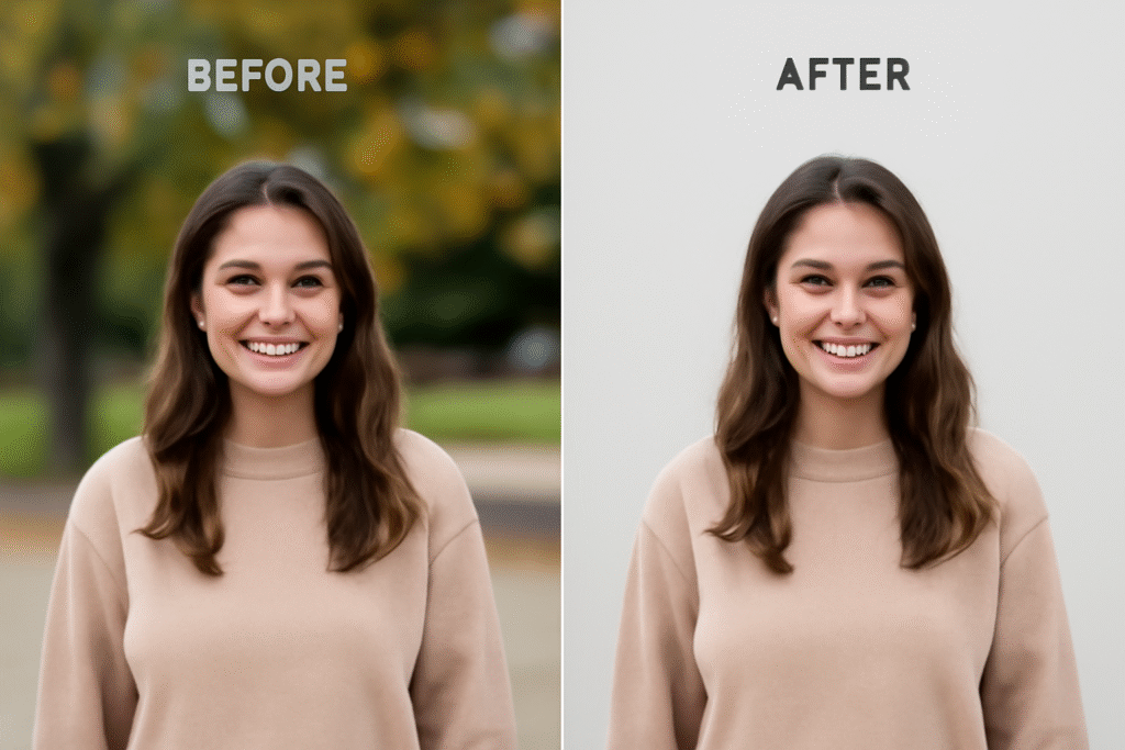 A side-by-side comparison of a young woman with chestnut brown hair and a cheerful smile. On the left, she stands outdoors in an autumn park with a soft, blurred background. On the right, she is placed against a neutral gray backdrop, with consistent lighting and natural color balance, showcasing her features clearly. The "Before" label appears above the left image, and "After" appears above the right image.