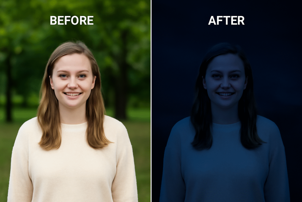 A side-by-side comparison of a young woman with light brown hair and a cream sweater. On the left, she is standing outdoors in a green park with soft daylight. On the right, she is placed against a dark, night-time sky, with cool-toned lighting that creates a dramatic contrast between the two images. The left image is labeled "BEFORE" and the right is labeled "AFTER."