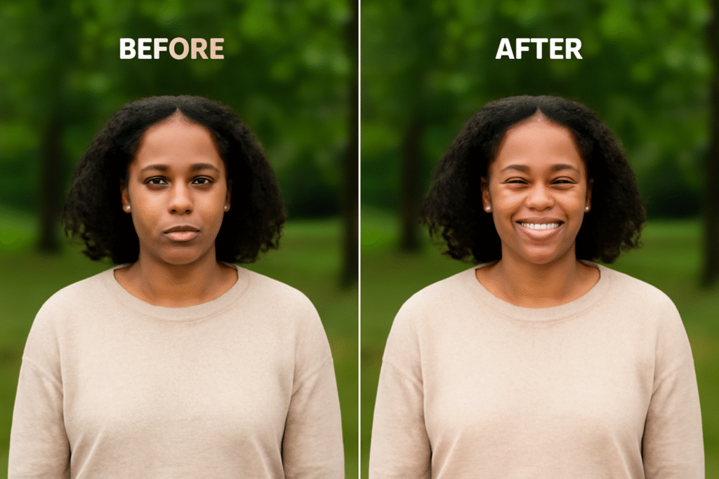 A side-by-side comparison of an African-American woman with curly black hair in a beige sweater. On the left, she has a neutral, serious expression in a park setting. On the right, she is smiling joyfully, with the same background, showcasing a positive transformation in her expression. The left image is labeled "BEFORE" and the right image is labeled "AFTER."