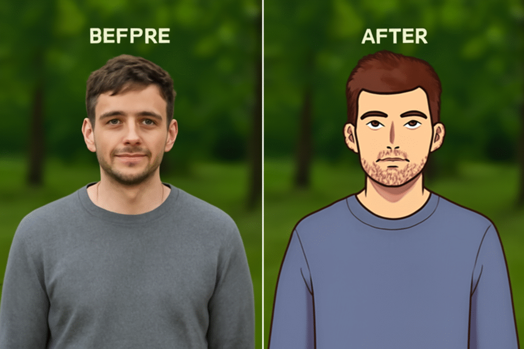 A comparison of two images showing a man in a gray sweater. On the left, the 'before' image shows the man with a natural appearance. On the right, the 'after' image is a cartoon-style version of the same man, with exaggerated features such as thicker eyebrows, larger eyes, and a more pronounced stubble. The background is a blurred green park.